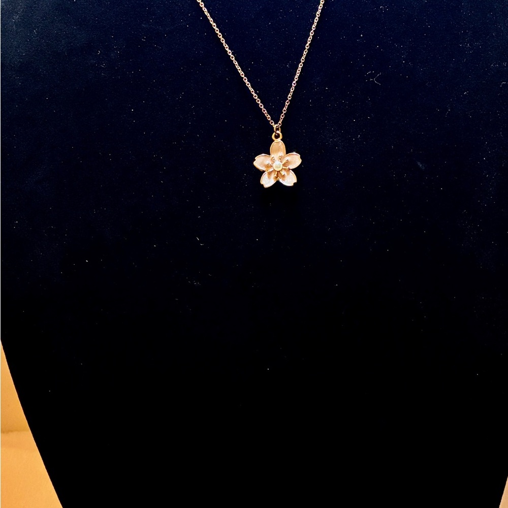 Enamel Cherry Blossom with Single Faux Pearl in Middle of Flower on GT Chain